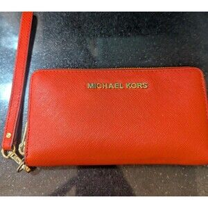 Michael Kors Long Zip Around Leather Wallet Wristlet Orange Clutch 17"